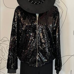 HAODUOYI Black Sequin Bomber Jacket